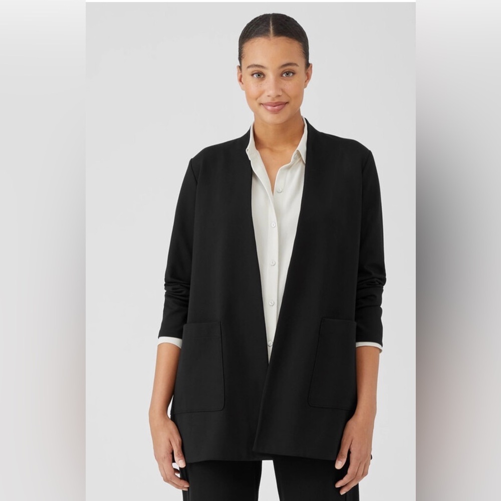 Eileen Fisher Washable Flex Ponte High Collar Jacket
Easy Fit, Long  large EUC